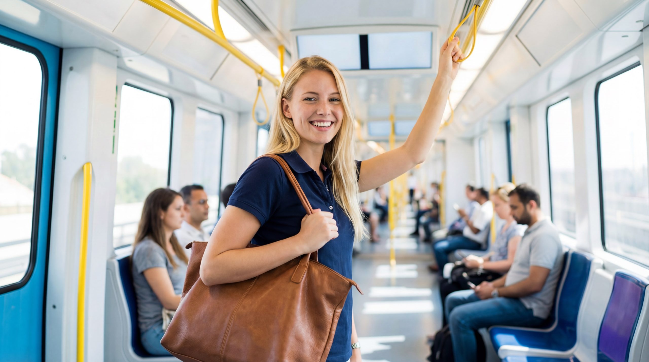 Фотореалистичный кадр: улыбающаяся девушка в вагоне метро держится за поручень, на фоне пассажиры